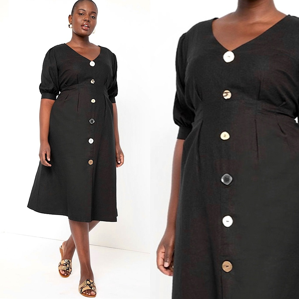 Eloquii Linen Boho Button-Front A-Line Midi Dress | 22